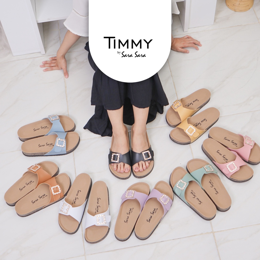 Sara Sara Timmy Sendal Slop Wanita Model Birken Sandal Selop Gesper Kristal Ban Satu Casual Cantik Size 36-41