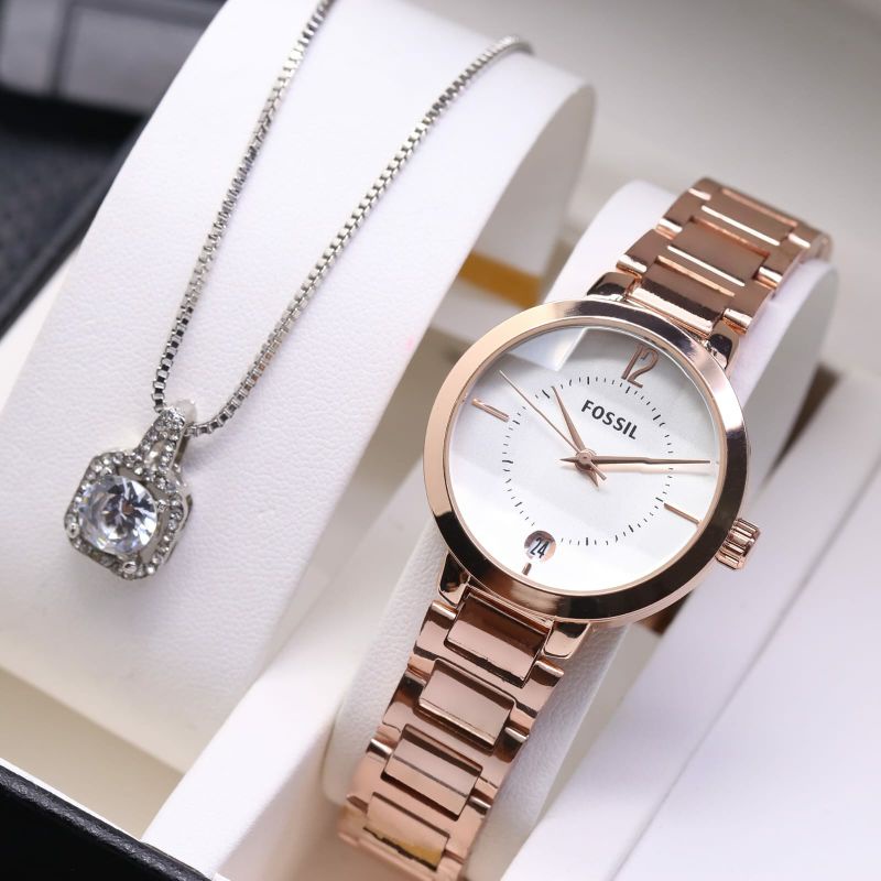 Jam Tangan Wanita Free Kalung Terlaris Stainliss Steel Fashion Kasual