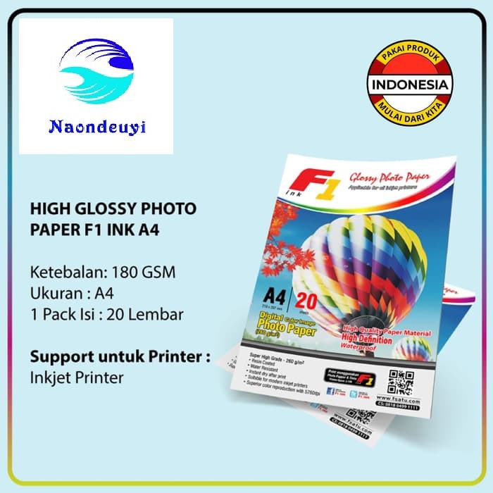 

Kertas Photo - High Glossy Photo Paper F1 Ink A4 180gr isi 20 Lembar