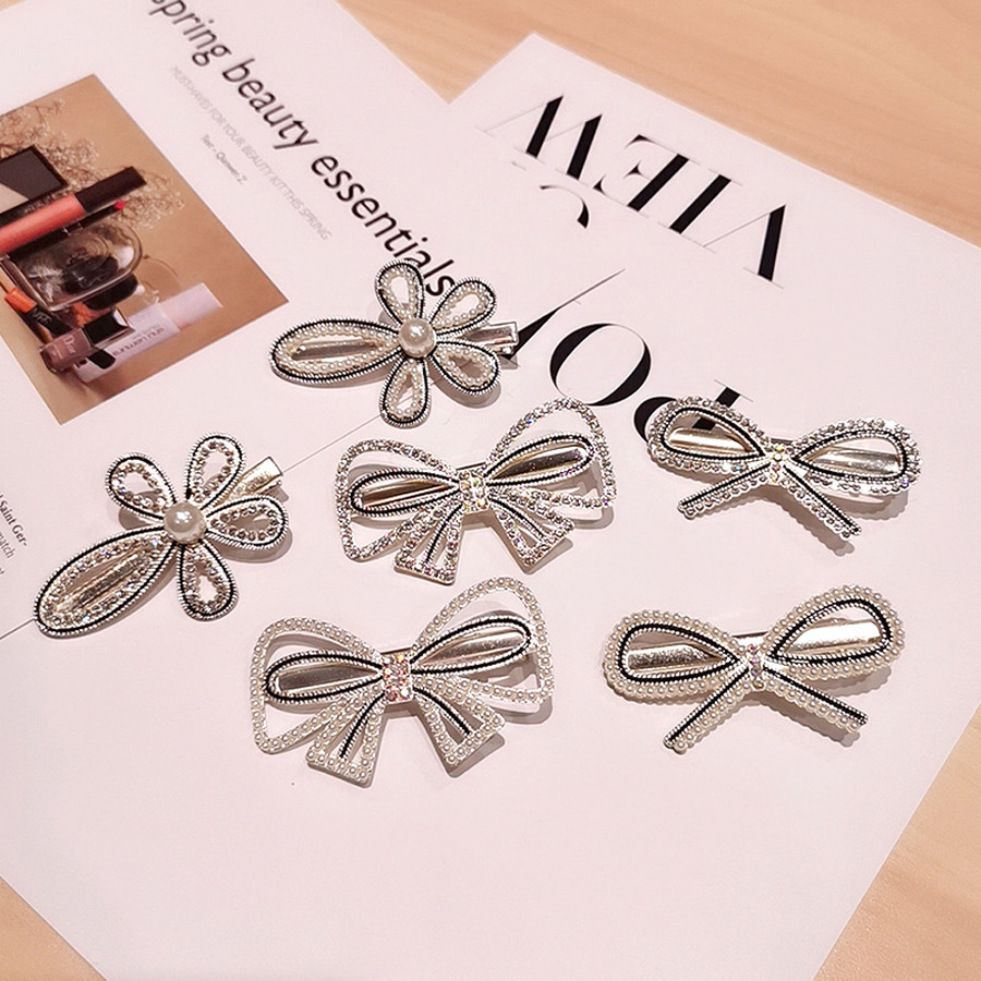 Korean Full Diamond Pearl Bow Hairpin Crystal Flower Duckbill Clip Bangs Clip Hair Clip