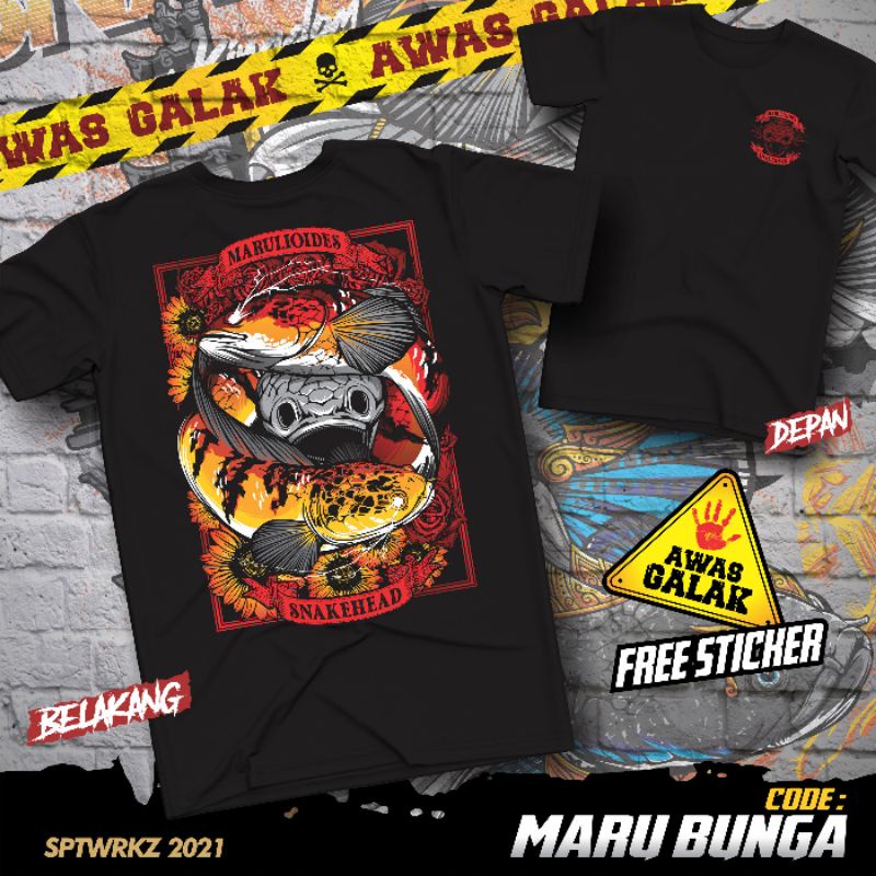 Kaos Ikan Channa Maru Bunga Cotton Combed 30S Adem Nyaman Sablon DTF Premium Free Sticker
