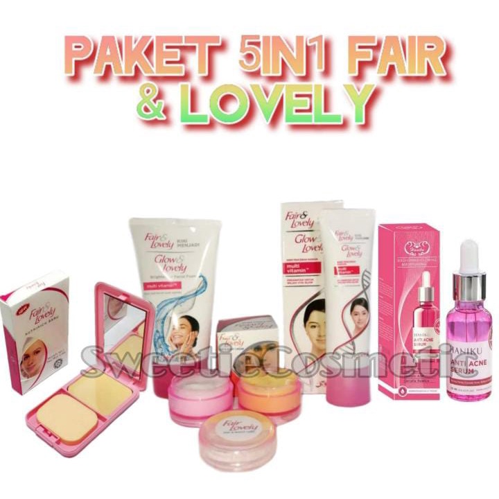 Paket Lengkap Fair &amp; Lovely - Facial Foam + Cream Day &amp; Night + Pelembab Plus Serum Hanasui / PAKET 5 IN 1 FAIR&amp;LOVELY + SERUM HANASUI