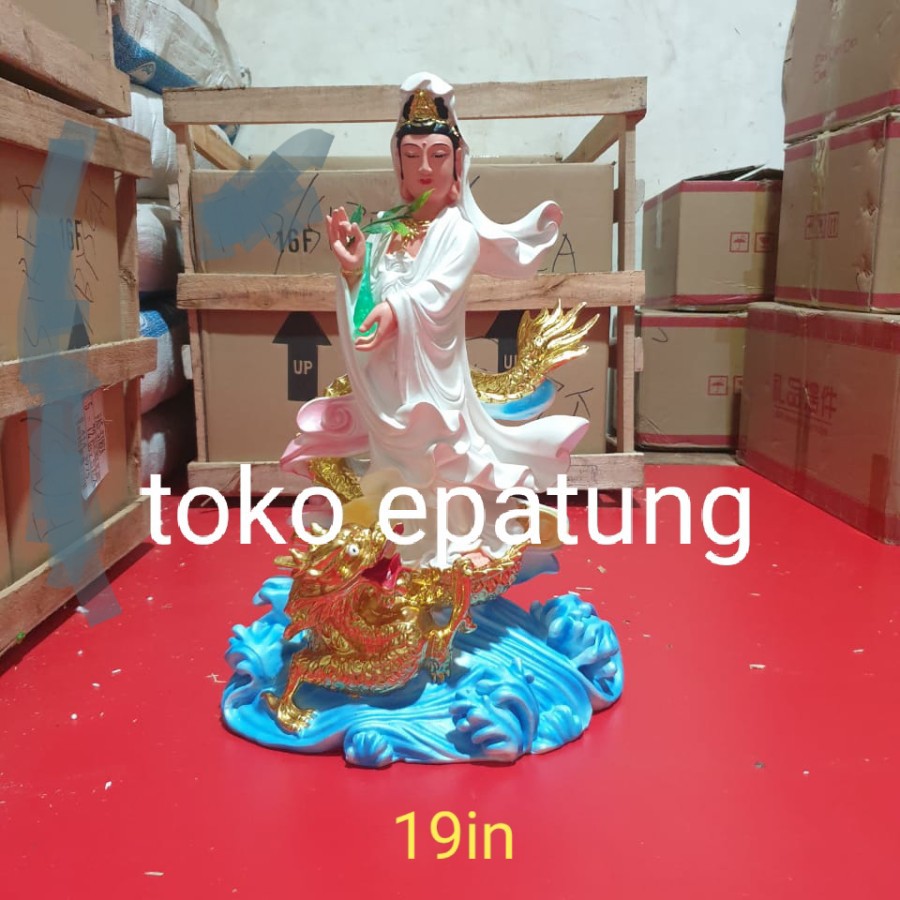 patung pengapit kwan im / kwan in / guan yin / naga - 19 inch - fiber