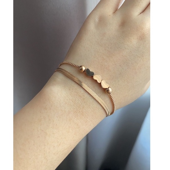 Gelang Bracelet Wanita Aksesoris Titanium Korea Love GK159 rose gold cocok hadiah motif hati 2 layer