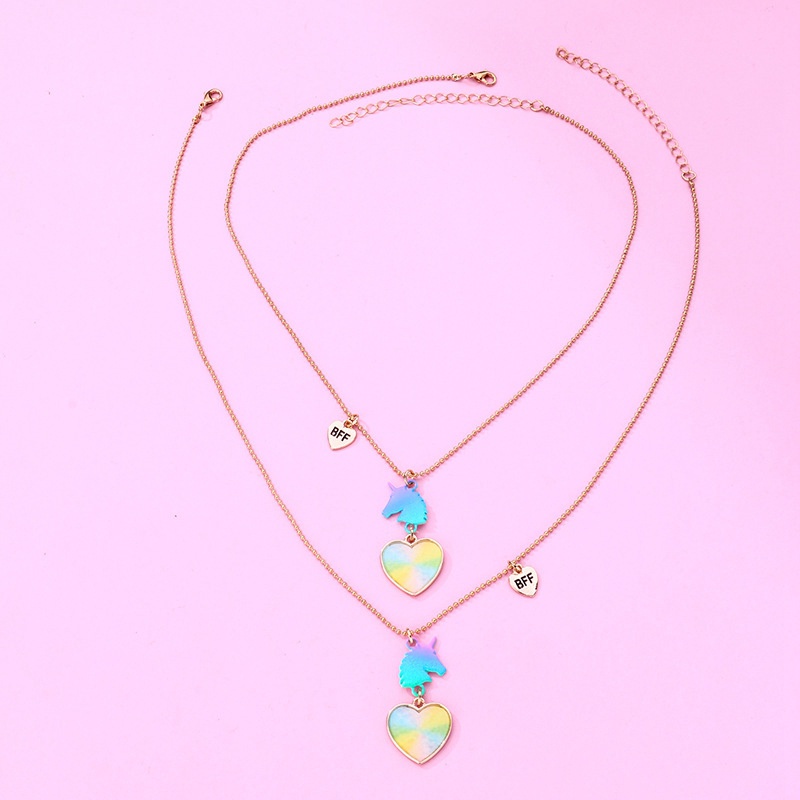 2pcs / Set Kalung Rantai Dengan Liontin Unicorn Warna-Warni Untuk Anak