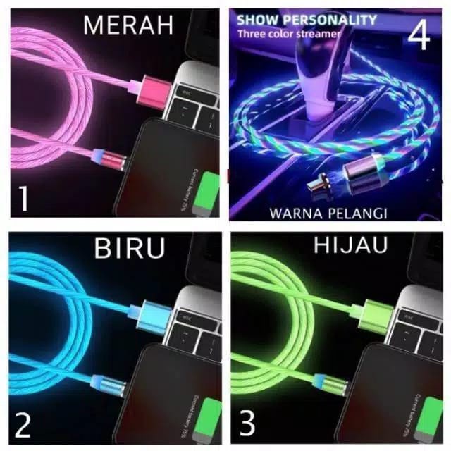 Kabel data magnet 3in 1 LED Packing import led/Lampu Charger Micro USB Magnetik Fast Charging untuk IOS/ANDROID 3 in1 LEd