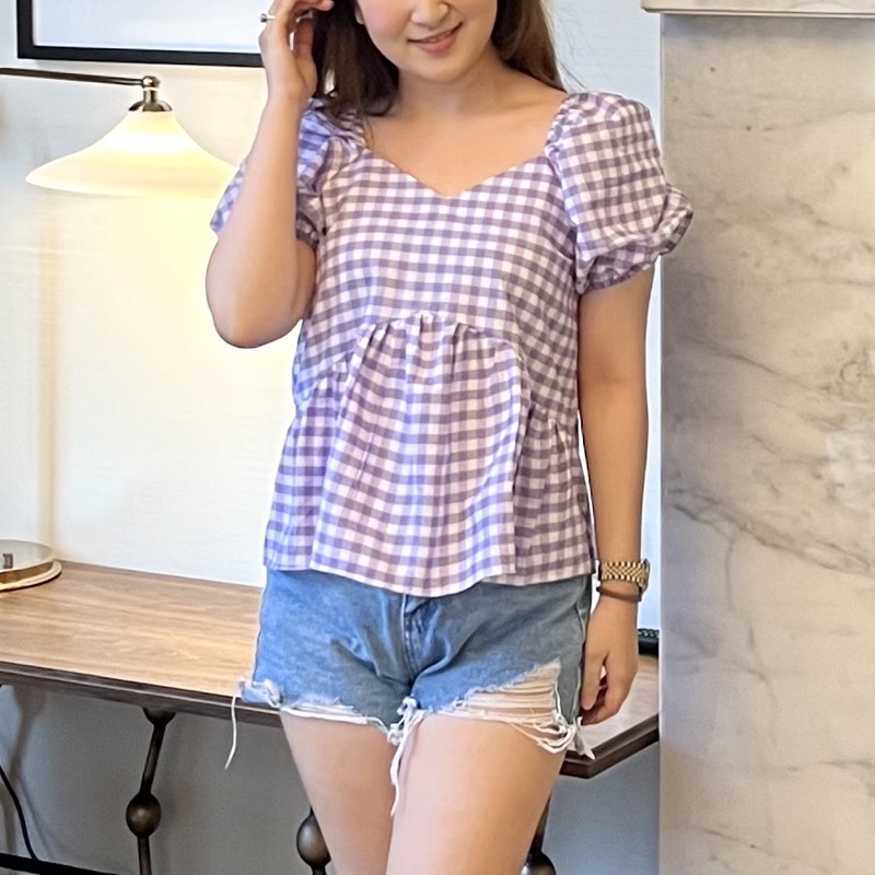 Ara Top - Blouse Lengan Balon / Blouse Katun / Blouse kotak / Atasan Katun / Atasan Wanita Blouse-Ungu