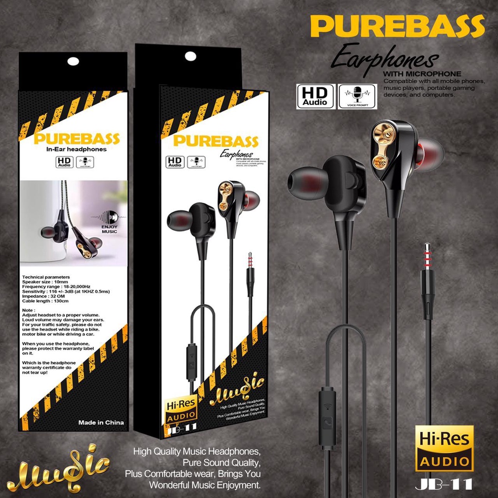 Headset PUREBASS Hi-Res Audio For 3.5mm Jack Earphone Megabass With Mic