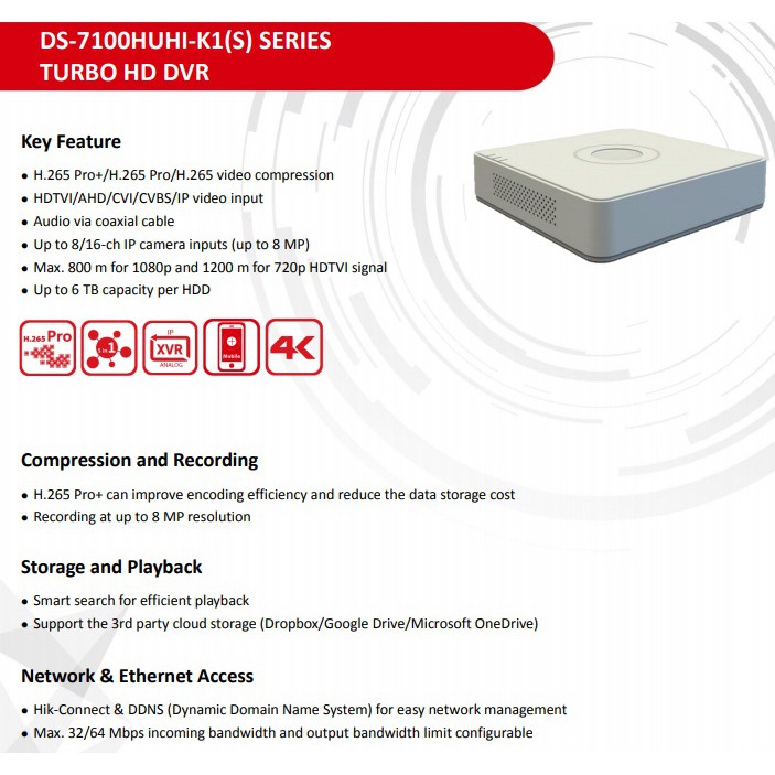 DVR 4 Channel video & audio 5MP H.265+ Hikvision DS-7104HUHI-K1(S)