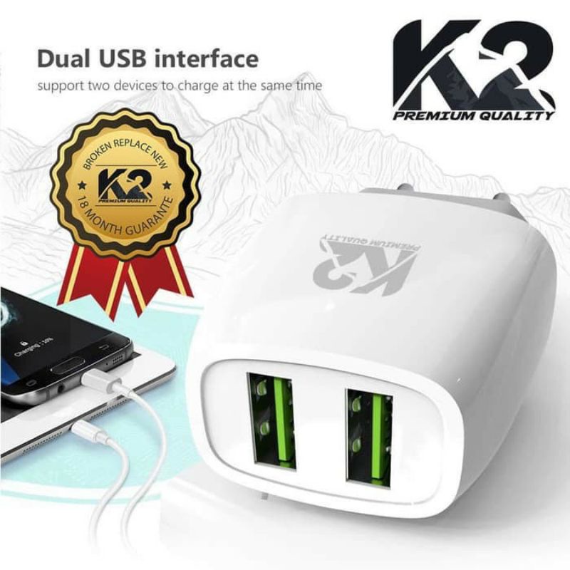 Adaptor Charger K2 PREMIUM QUALITY K2-CH04 2PORT USB