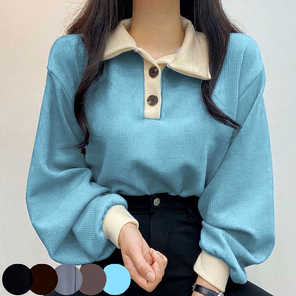 Sweater Wanita Collar Girl - Korean Style Colar Sweatshirt - Sweater Kerah Dengan Kancing Polos - Button Jane Fashion - Allsize - Bahan Fleece