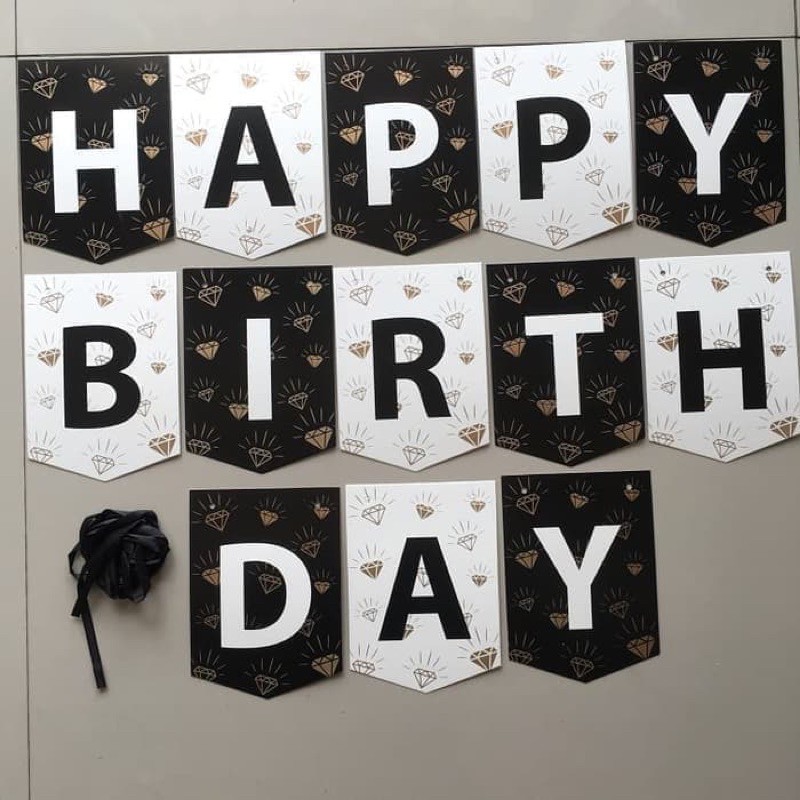 banner party flags happy birthday tulisan decoration dekorasi pesta gold diamond