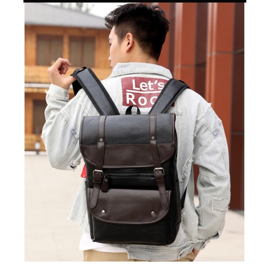 Tas Ransel Kulit Pria Wanita Impor / Tas Punggung / Leather Backpack  Bisa Untuk Sekolah, Kantoran, Jalan-Jalan  - Hitam, Coffe, Coklat