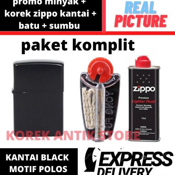 Promo Minyak Zippo + Batu + Sumbu + Korek Api Zippo hitam polos