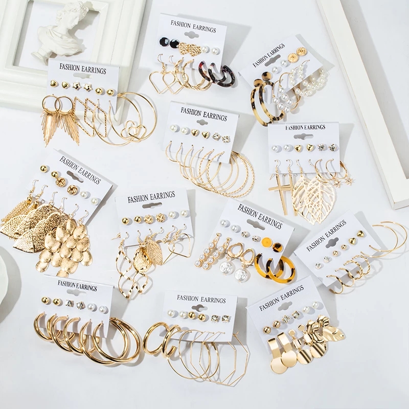 Fashion five pointed star circle love Tassel Earrings Set alloy women Earrings versatile jewelry accessories