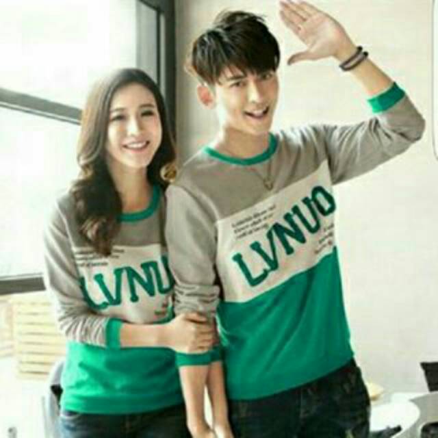 Baju kaos Couple LVNUO Tosca grey / hijau abu lengan panjang kasual pasangan