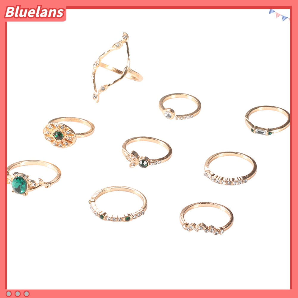 Bluelans 9Pcs / Set Cincin Buku Jari Aneka Bentuk Aksen Berlian Imitasi Untuk Wanita