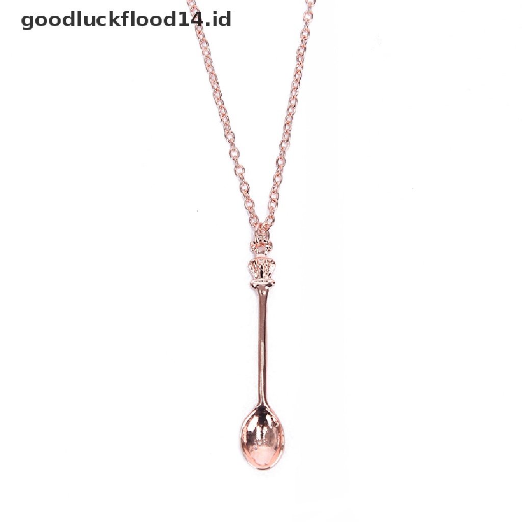 [OOID] Fashion Women Tiny Tea Spoon Crown Pendant Necklace Alloy Chain Charm Jewelry ID