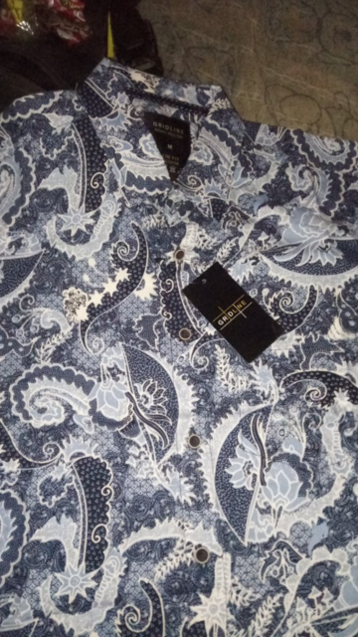 [gridline - Ls026 Blue & Grey] Kemeja Batik Slimfit Pria Katun Lengan Panjang