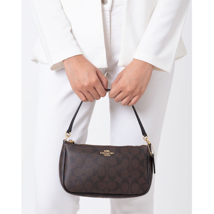 Coach Top Handle Pouch In Signature Brown Black - ORIGINAL 100%