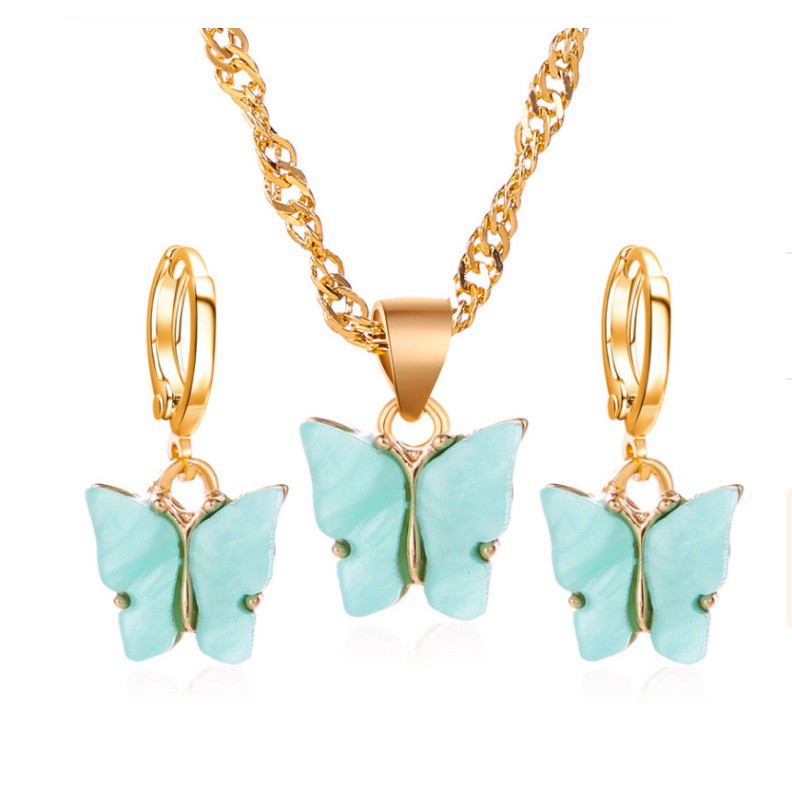 SET Kalung + Liontin + Anting KUPU-KUPU WARNA Korea Fashion Wanita Butterfly Rantai Titanium Alloy