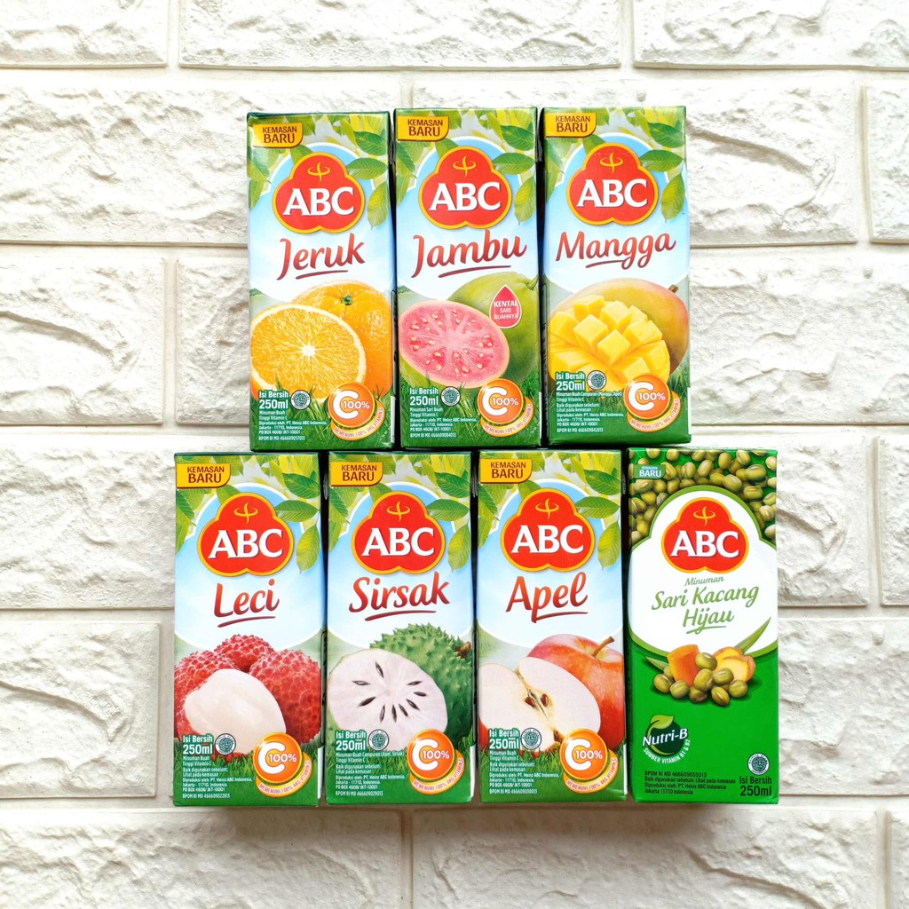 

ABC Minuman Sari Buah 250ml Jeruk Jambu Mangga Leci Sirsak Apel Kacang Hijau Ijo Jus Juice 250 ml
