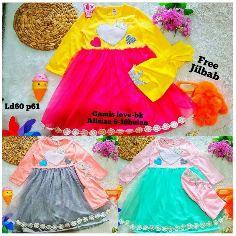 Gamis anak perempuan set hijab muslim pink tutu