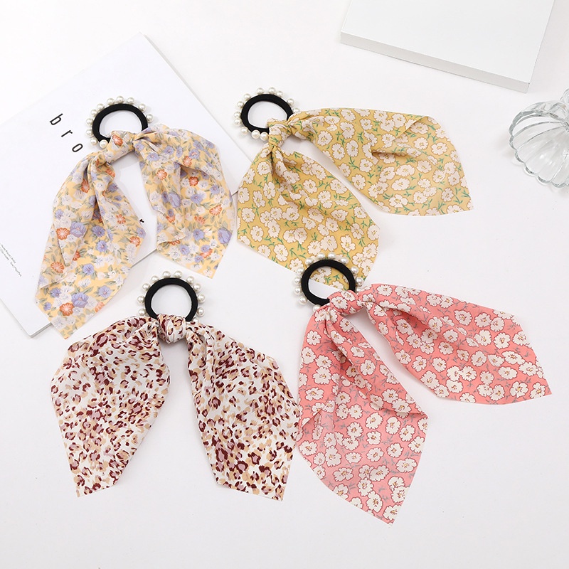 Ikat Rambut Mutiara Pita Satin Kuncir Korea Mutiara Scrunchie Jurai Panjang Pearl Silk Scarf Ribbon Hair Ring