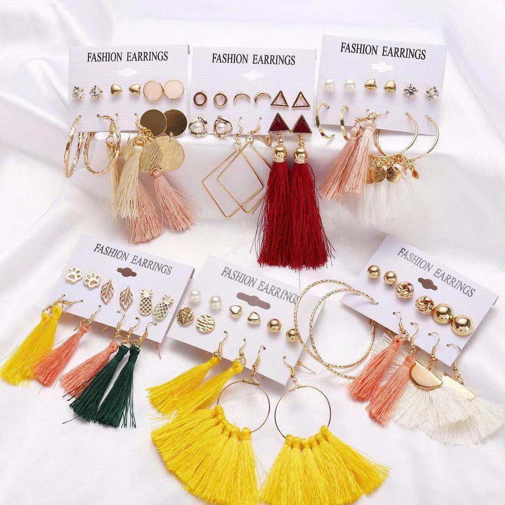 （COD）6 Pasang / Set Anting Tusuk Aksen Berlian Imitasi Gaya Boho Retro untuk Fashion Import Wanita