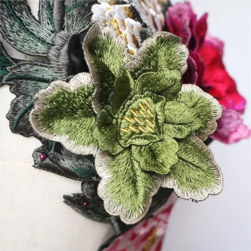 Peony FLowers Leaves 3D Embroidery