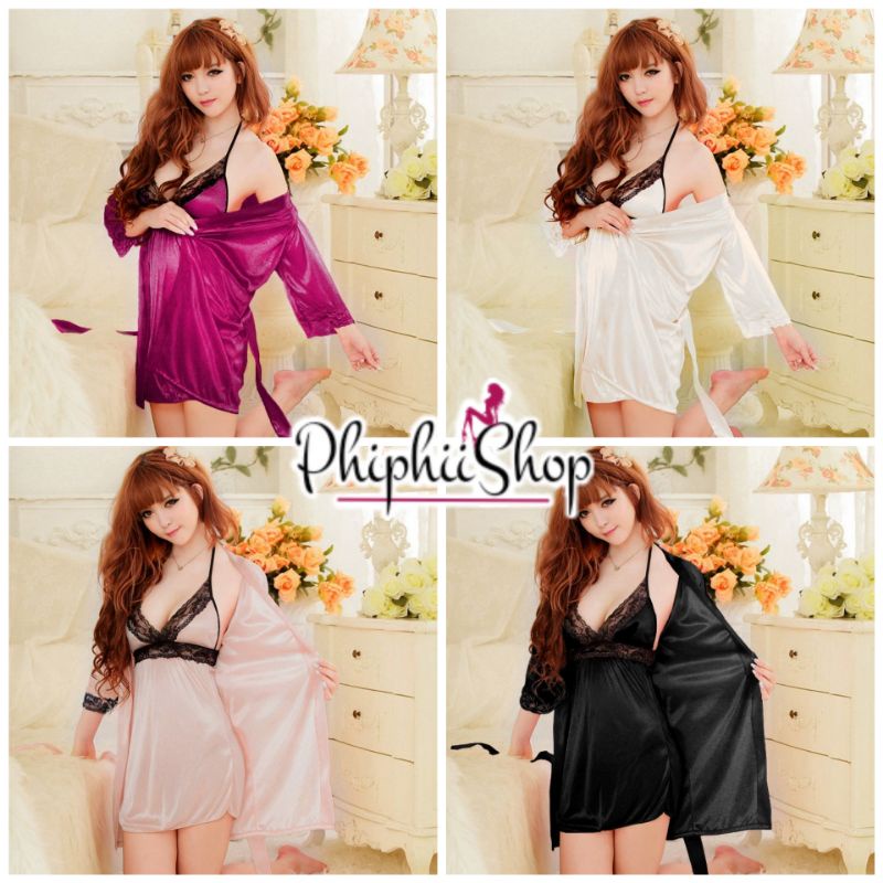 Lingerie Dress + Kimono Sexy Backless Satin Renda