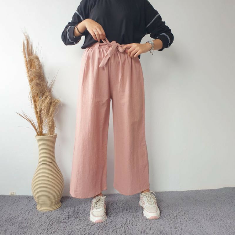 Celana Kulot Linen Rami Highwaist Pinggang Karet Wide Leg Cullote 552