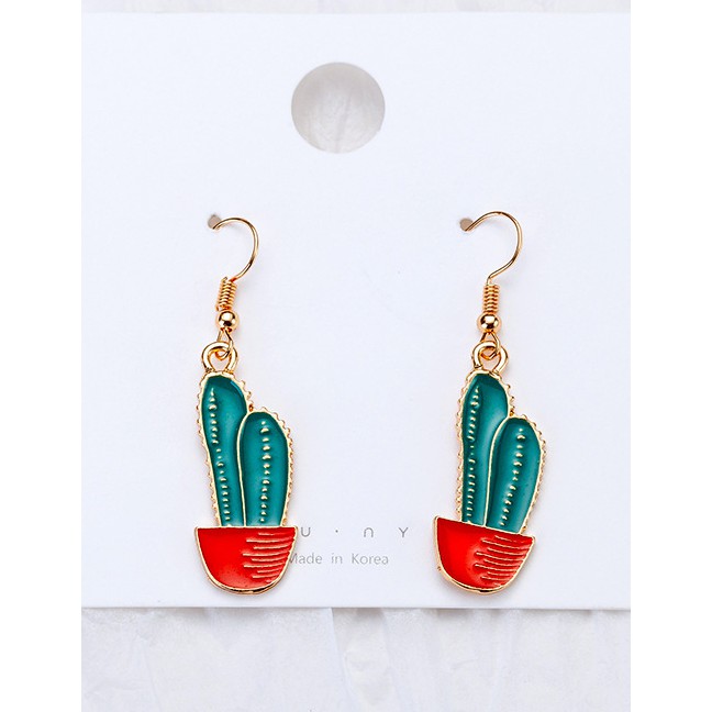 LRC Anting Gantung Fashion Green+red Cartoon Cactus Shape Design Earrings