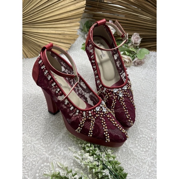 sepatu wedding shoes naira merah marron tali tinggi 10cm