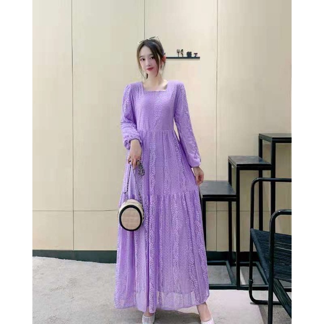 Silvy Dress Brokat Pesta Square Neck / Gamis Brukat Import Hijab Friendly dengan Sabuk