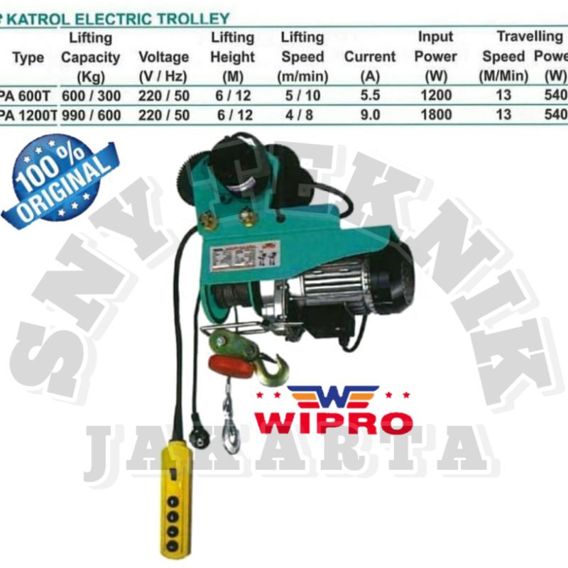 Jual Electric Hoist PA-1200T WIPRO 1200kg + Gear Trolley