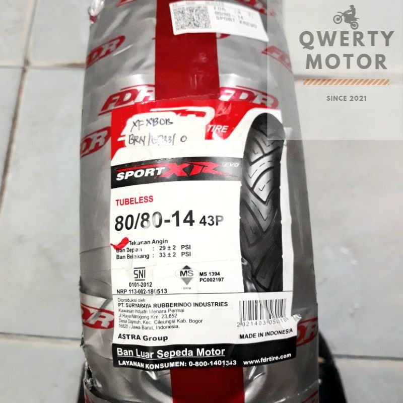 BAN LUAR DEPAN FDR 80/80-14 SPORT XR EVO TUBELESS MIO SPORTY / LAMA / SOUL KARBU / GT / FINO / XRIDE