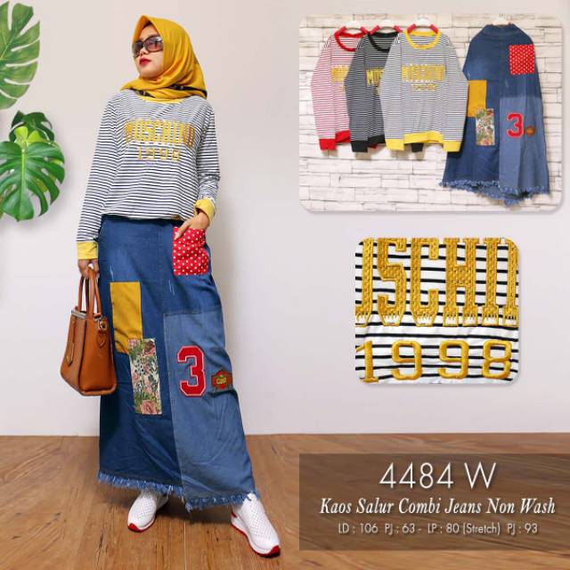 Set kaos salur kombinasi rok jeans