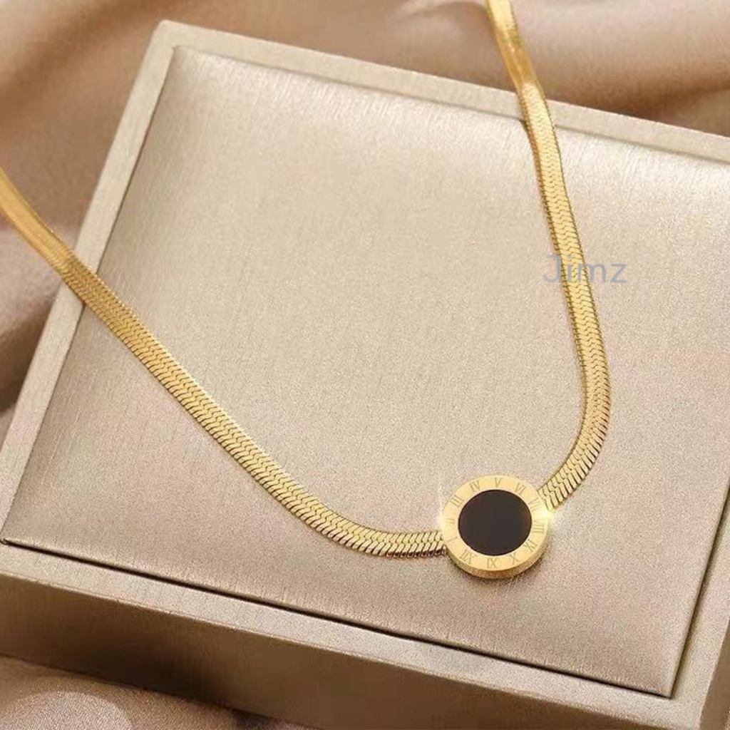 CSL Kalung Titanium Gold Plat Bulat Hitam Bulgari Anti Karat Anti Luntur