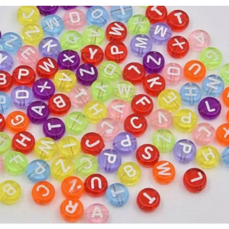 ( Harga Satuan ) A - Z Mote Bulat Warna Warni Bening Dadu Huruf Putih Bahan Aksesoris Gelang Kalung 
