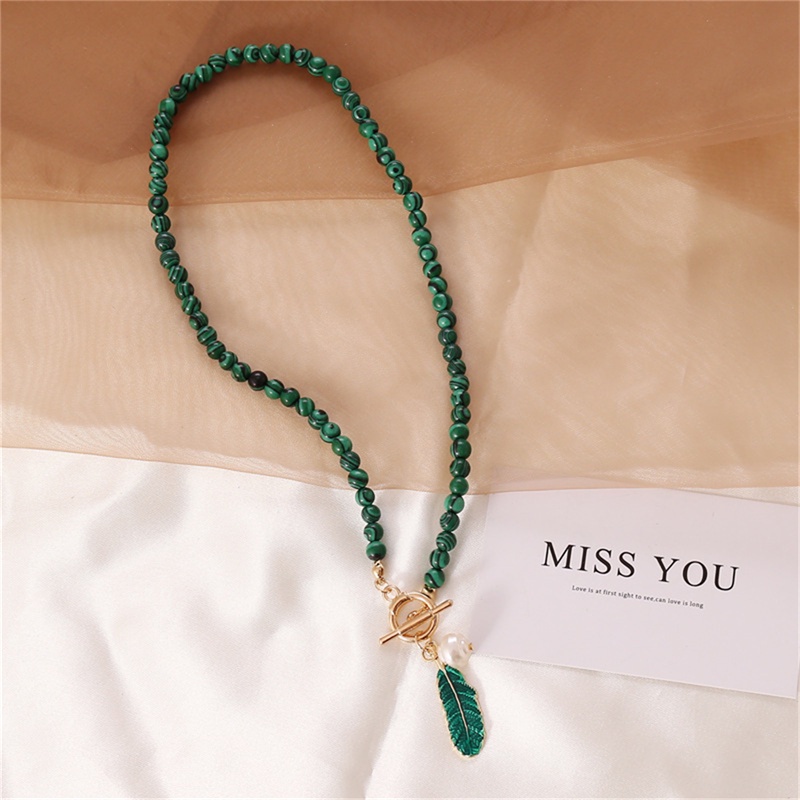 Hbid Kalung Rantai Liontin Daun Malachite Bahan Alloy Untuk Wanita