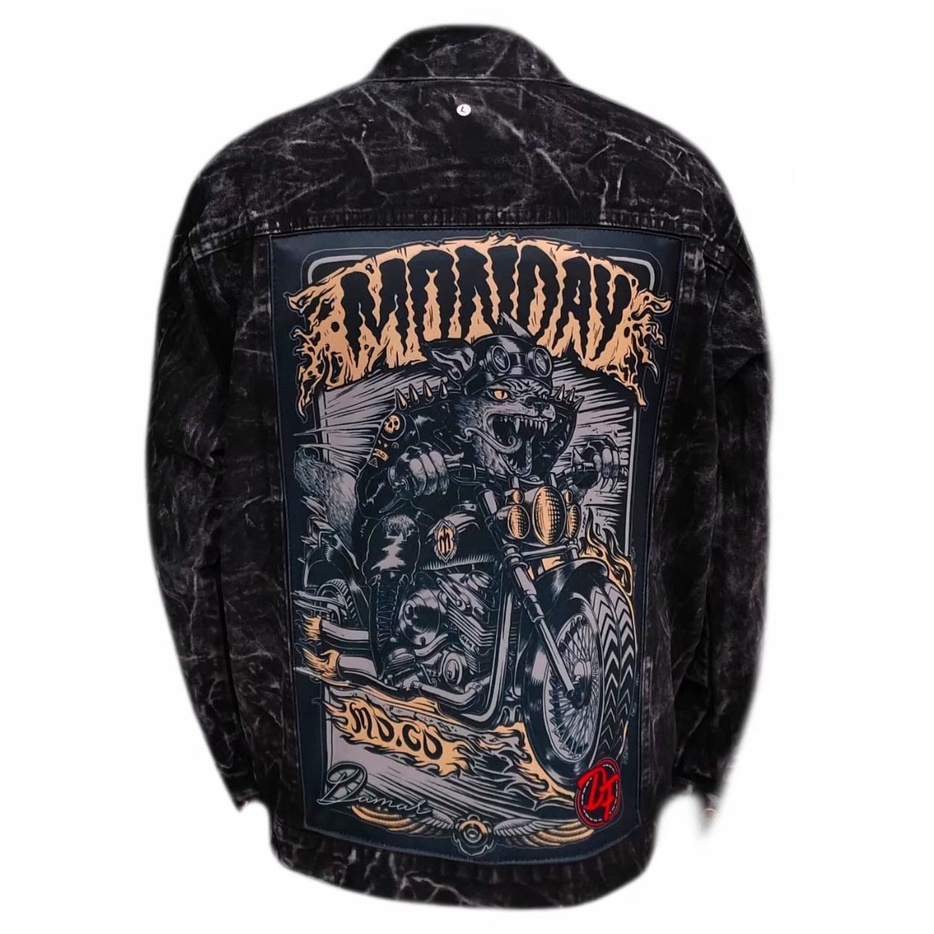 jaket jeans pria terbaru 2022 Gambar motor/jaket pria printing/ jaket jeans pria bergambar terbaru/ jaket pria keren/ jaket pria denim jeans bergambar belakang