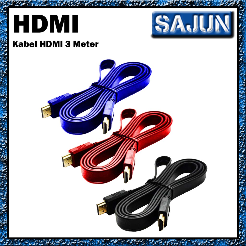 KABEL HDMI 3M FLAT VERSI 1.4 / HDMI 3 Meter - Hitam, Biru, Merah