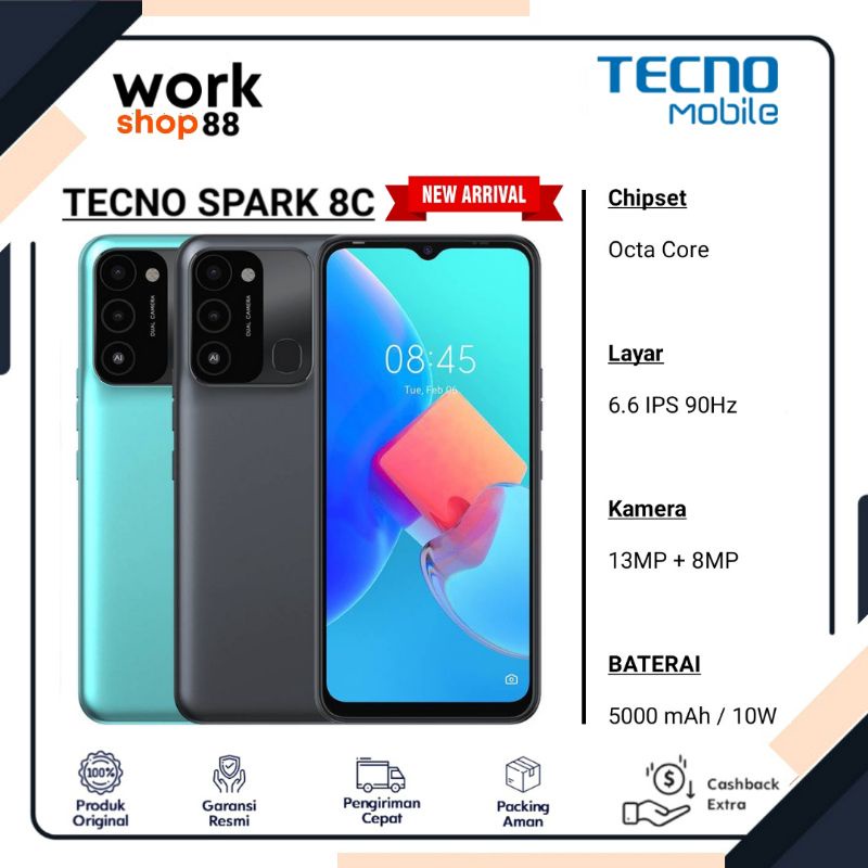 HP Terbaru TECNO SPARK 8C ( Ram Up 7GB ) 4GB + 3GB Extendable Rom 64GB - New Original Garansi Resmi 