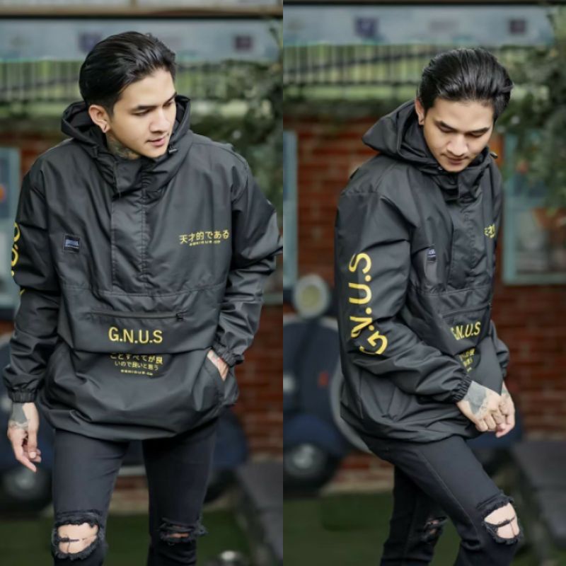 Jaket pria IKC 002 distro cbr Bandung hoodie dua sisi bolak balik keren grosir jaket cagoule erigo Jaket Pria Parasut Anti Air-CG Hitam dof