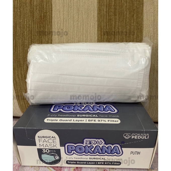 Masker POKANA 3-ply HEADLOOP Surgical Face Mask Kemasan Box isi 30 pcs Warna PUTIH