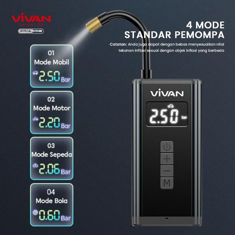 Vivan VT101 Pompa ban Mobil Portable Inflator Tire 5200 mAh Elektrik - Hitam