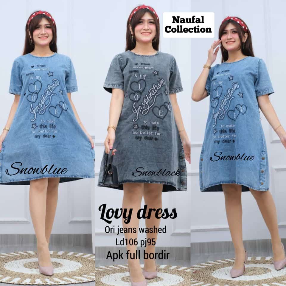 Lovy Dress Jeans Denim Dress Lepis Wanita Snow Daster Jeans Bordir Dress Viral Kekinian