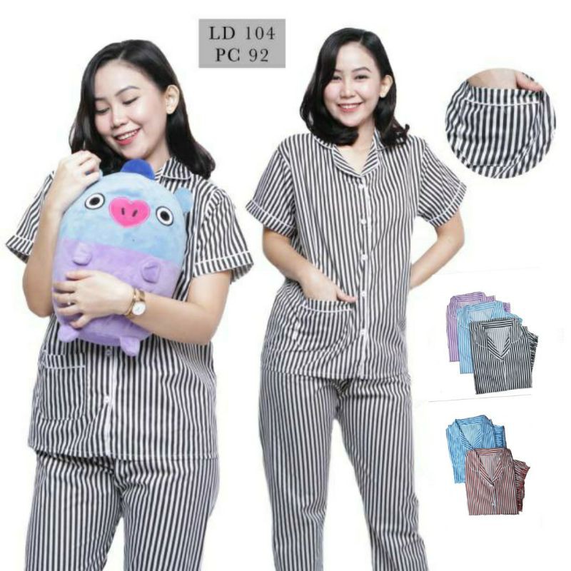 Baju Tidur Piyama Wanita/Cewek Pajamas Dewasa Katun Motif Kekinian Salur/Stripe/Kotak Guillen