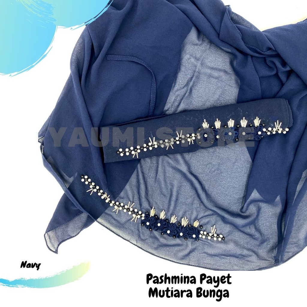 Jilbab Pashmina Tali Payet Mutiara Bunga 75 x 180 Cm